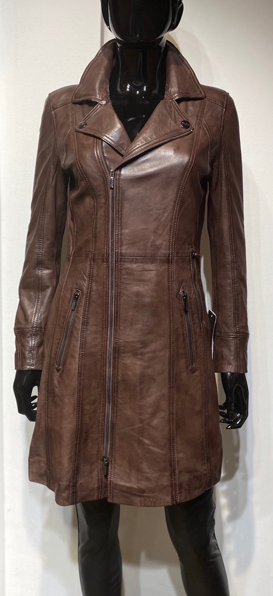 lange leren dames bruin lady coat - Nappato Leather